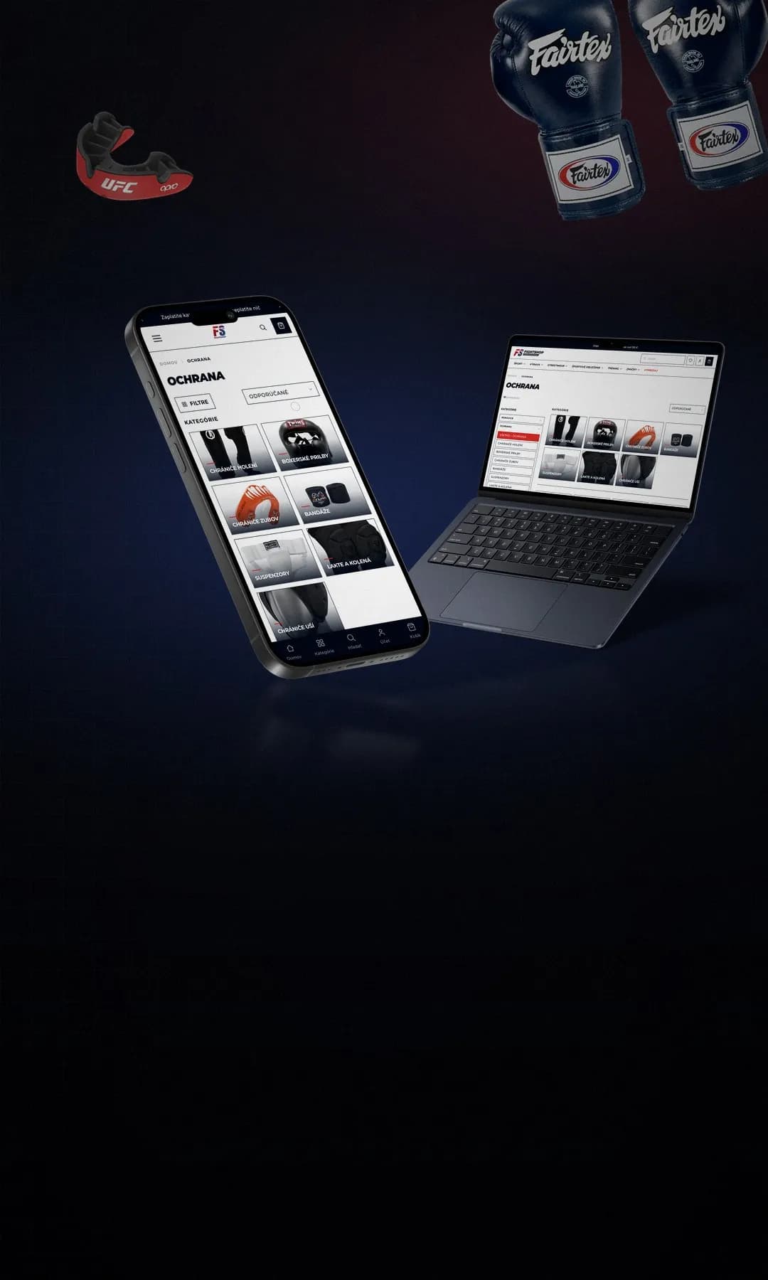 The new Fightshop.sk online shop on a phone and laptop, Fairtex boxing gloves and an Opro mouthguard