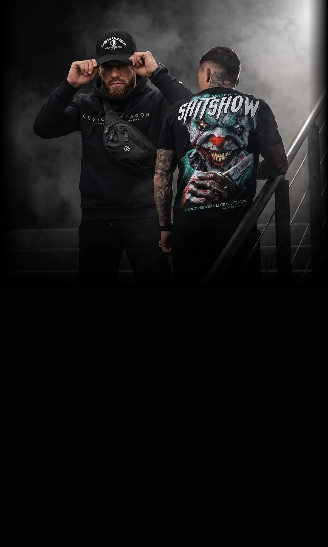 Legion Octagon streetwear — black hoodie, cap, bum bag and printed T-shirt